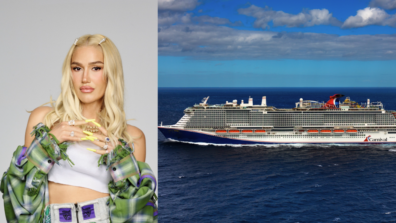 A picture of Gwen Stefani next to Carnival's newest cruise ship.